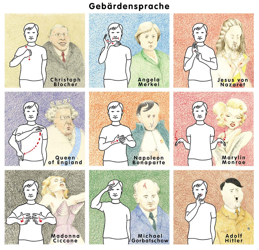 NZZ Folio , Zürich. Sign-language to signify celebrities and historical characters.